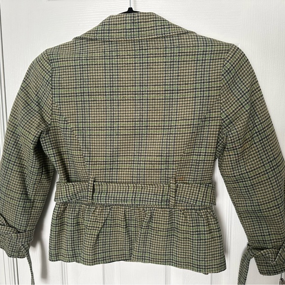 Olive Green Cropped Blazer Jacket with Plaid Pattern - Picture 2 of 9